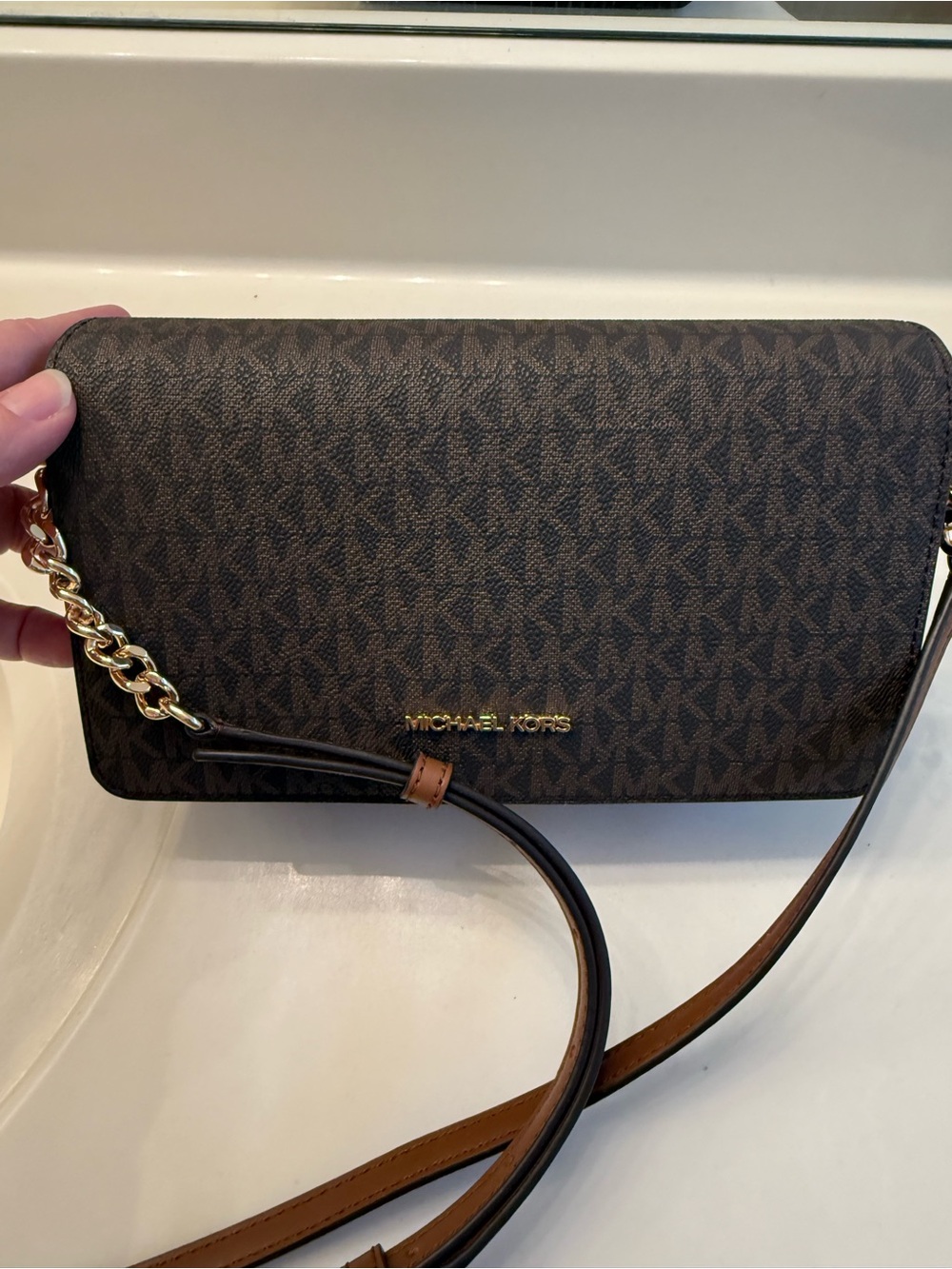 Michael Kors Dark Brown MK Logo Crossbody with Gold Chain